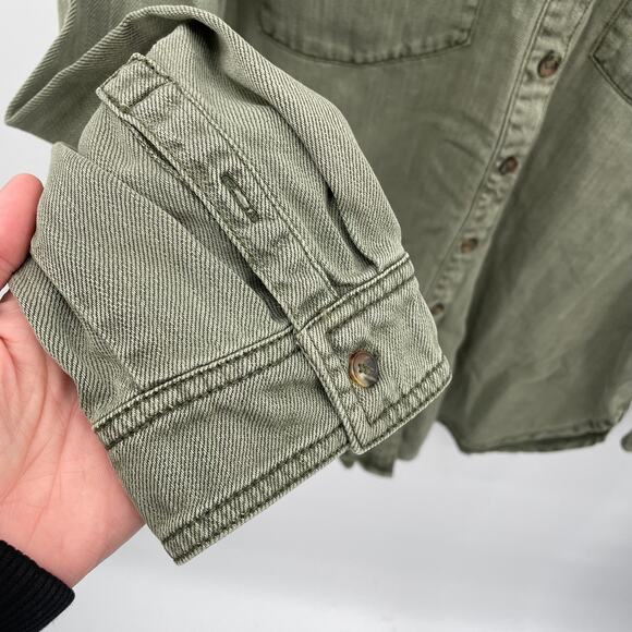 ANTHROPOLOGIE Army Green Sequined Cargo Button Down Shirt // 14 - Picture 8 of 14